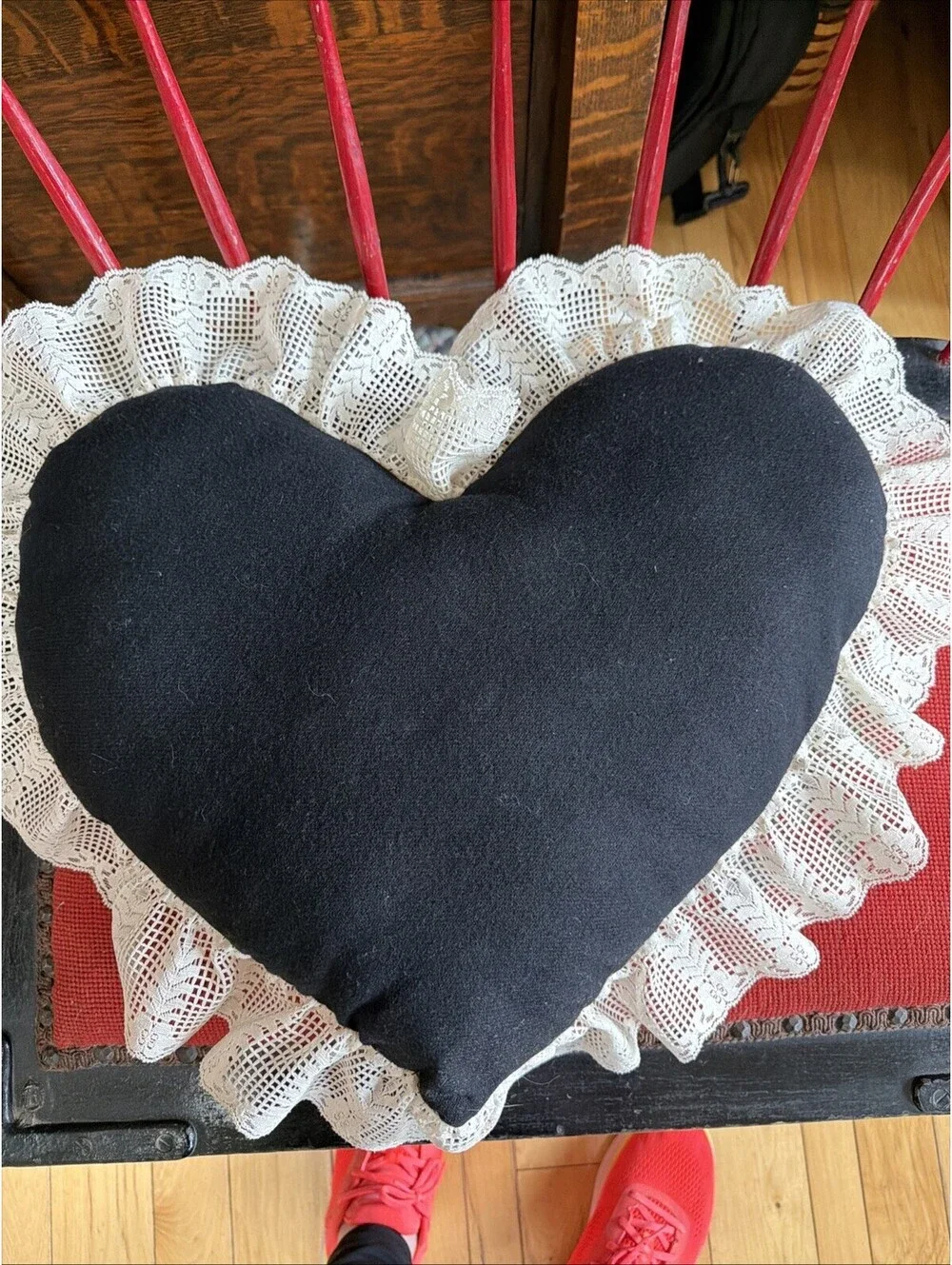 Antique 1800s Primitive Salvage Crazy Quilt Pillow Heart Wool Lace Farm Country